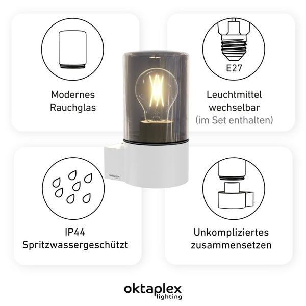 Oktaplex Puno Wandleuchte Außen 2700K E27 806lm mit Rauchglas IP44 Aluminium für Wandmontage elegant Wandlampe modern Außenleuchte