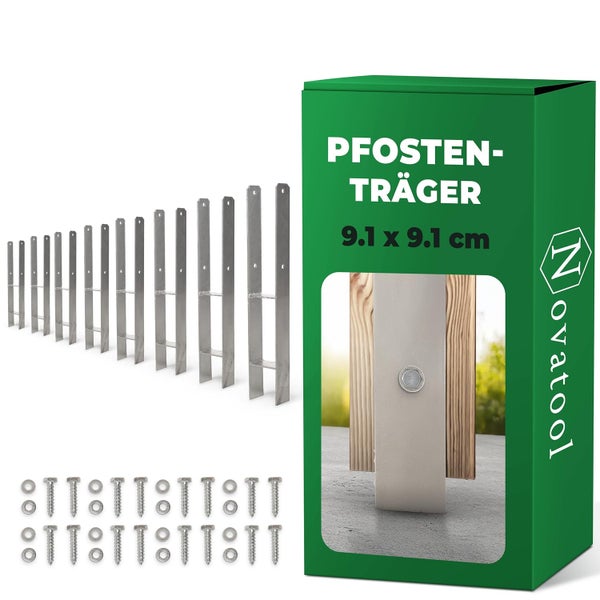 Novatool Pfostenträger Set aus verzinktem Stahl für 9,1 mal 9,1 Zentimeter Pfosten, mit H-Ankern, Schrauben und Unterlegscheiben.