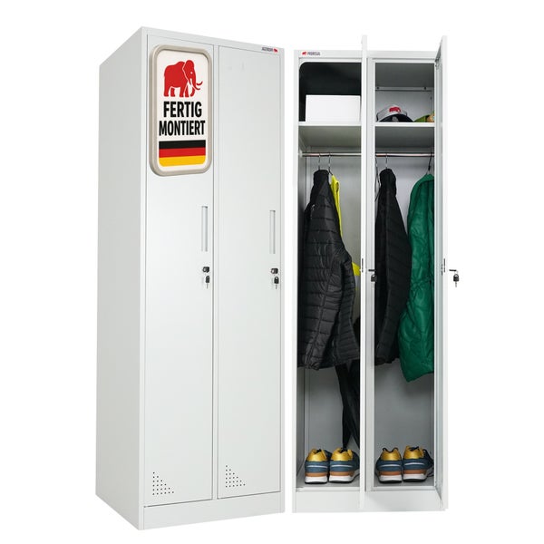Metall-Garderobenschrank mit zwei Abteilen, eines geschlossen mit Hinweis fertig montiert, eines offen mit Ablagefächern und Kleiderstange. Proregal Logo.