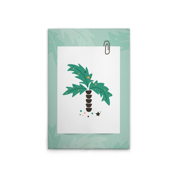 Dekoratives Notizbuch mit aufgedruckter Palme und Büroklammer