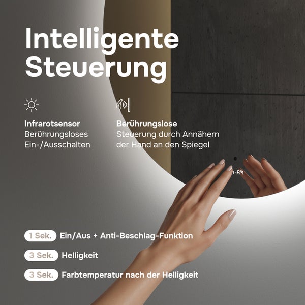 Runder LED-Spiegel mit berührungsloser Steuerung per Infrarotsensor, Anti-Beschlag-Funktion und einstellbarer Helligkeit.
