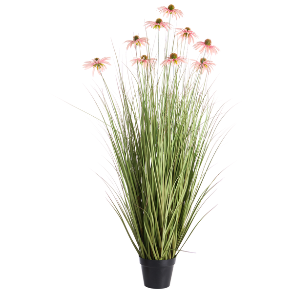 Künstliche Echinacea-Pflanze im schwarzen Topf mit langem Gras und rosa Blüten.