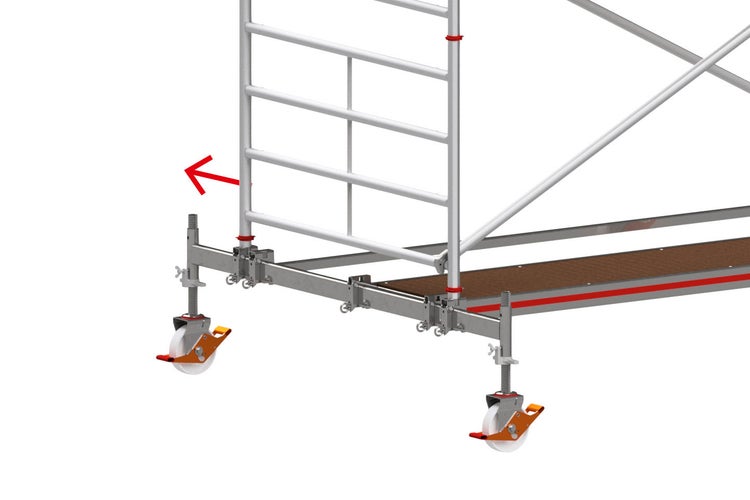 Detailansicht eines Baugerüsts mit Rollen und Höhenverstellung