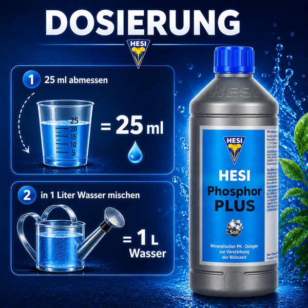 Hesi Phosphor Plus Dosierungsanleitung für die Anwendung von mineralischem Pflanzendünger für die Blütezeit mit Messbecher und Gießkanne.