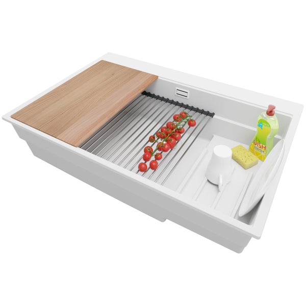 PRIMAGRAN Spülbecken Alles Weiß 78x53cm, Granitspüle 1 Becken + Ablauf-Set + Küchenzubehörset, Küchenspüle ab 80er Unterschrank - Oslo Max
