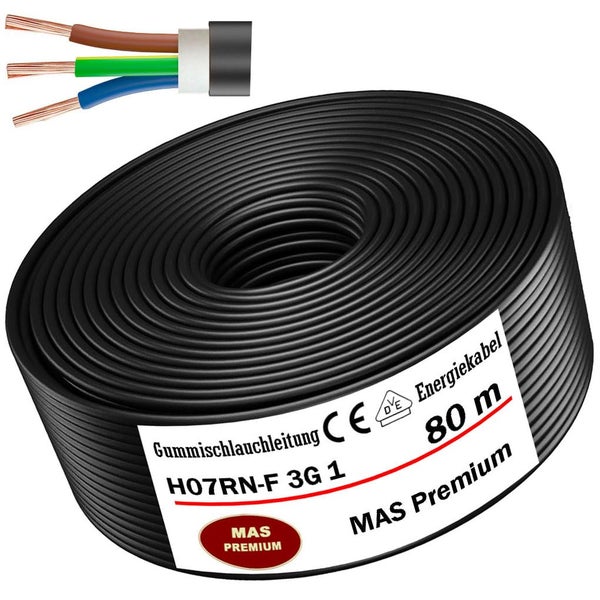 Schwarze, 3-adrige Gummischlauchleitung H07RN-F 3G 1, 80 Meter Rolle, MAS Premium Logo, europäische Konformität und VDE-Prüfzeichen.