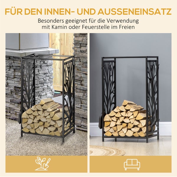 HOMCOM Kaminholzständer mit Kaminbesteck, 46 x 30 x 70 cm, Stahl, Schwarz