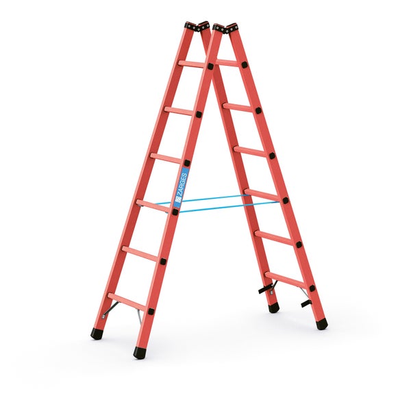 Freistehende Leiter mit Sprossen und Zarges Logo.