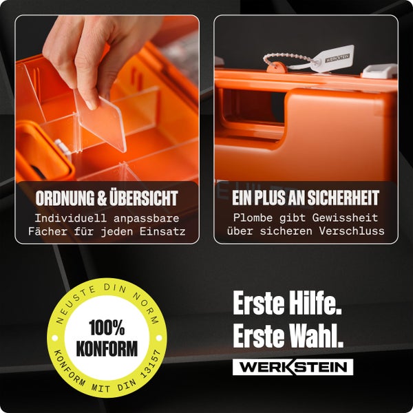 Erste Hilfe Kasten DIN 13169:2021 - Verbandskasten inkl. praktischer Wandhalterung, 5x Aufkleber, Gesichtsmasken, Feuchttücher & Plombe - Erste Hilfe Koffer für Betriebe, Einrichtungen & Zuhause