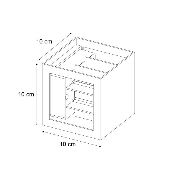 Technische Zeichnung eines 10 Zentimeter großen Schranks mit Fächern