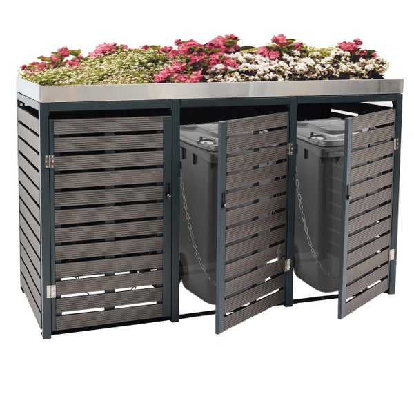 Mülltonnenbox mit Bepflanzung auf dem Dach und drei zu öffnenden Türen