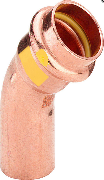 Pressfitting Kupferbogen 45 Grad mit einseitiger Pressmuffe und Einsteckende für Gasinstallationen