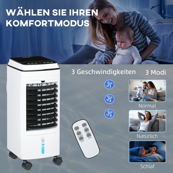HOMCOM 3 in 1 Mobile Klimaanlage mit Luftbefeuchtung Wasserkühlung 60° oszillierendes 4L Klimagerät mit 8h Timer, Schlafmodi, 75W Luftkühler mit Fernbedienung, für 20 ㎡ Weiß