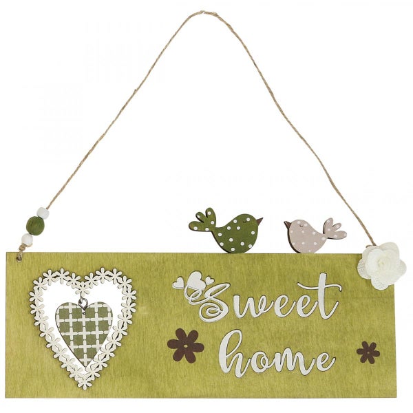 Dekoratives Holzschild mit der Aufschrift Sweet Home, Herz und Vogelmotiven