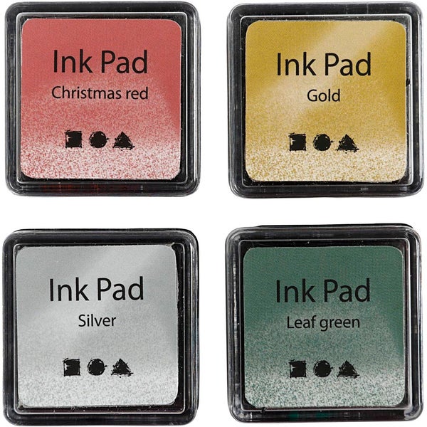 Creativ Company  Stempelkissen, H 2 cm, Größe 3,5x3,5 cm, Gold, Lindgrün, Weihnachtsrot, Silber, 4 Stk