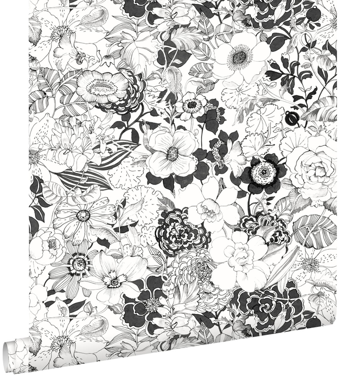 ESTAhome Tapete Blumen Schwarz und Weiß - 53 cm x 10,05 m - 138503