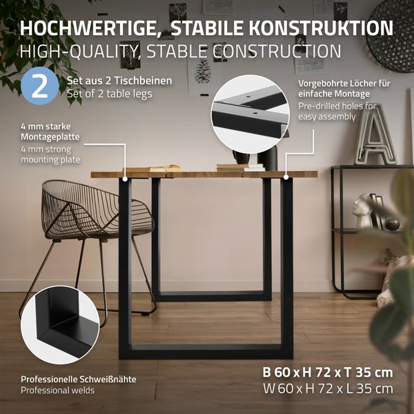 ML-Design 2er Set Tischgestell 70 x 74 cm in U-Form, Metall, Schwarz, Industrial-Design, Verstellbarer Bodenschutz, Kufengestell für Esstische & Schreibtische, Tischbeine Tischkufen für DIY-Projekte