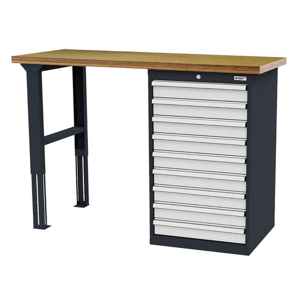 Werkbank mit Arbeitsplatte aus Holz, höhenverstellbarem Metallfuß und Schrank mit neun Schubladen.