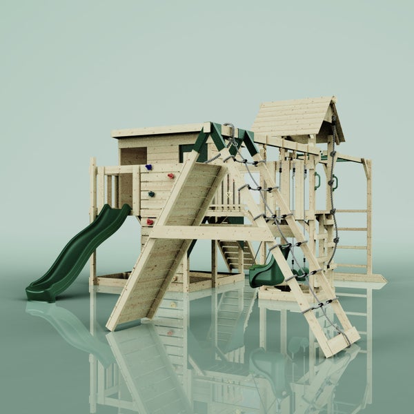 Holzspielhaus mit Rutsche, Kletterwand und Schaukel