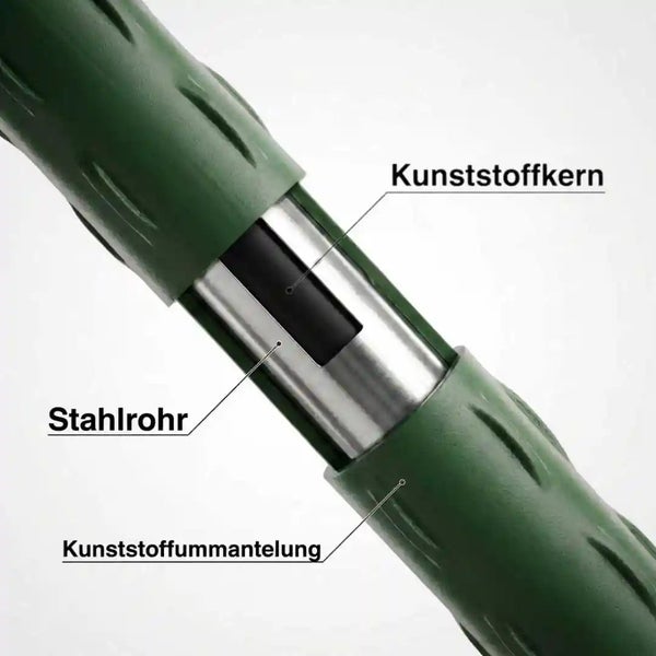 Detailansicht eines Stiels mit Kunststoffkern, Stahlrohr und Kunststoffummantelung zur Erläuterung der Materialzusammensetzung.