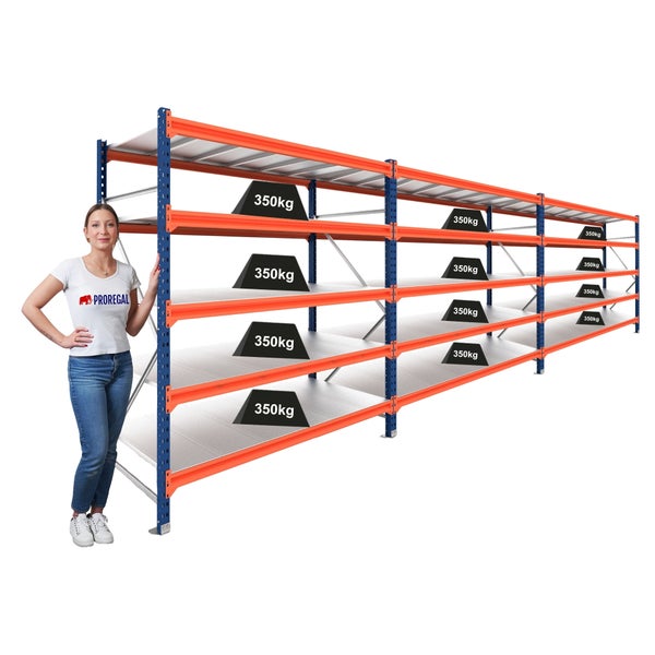 Schwerlastregal Weitspannregal aus Metall mit 3 Modulen, 4 Ebenen pro Modul, Fachlast 350 Kilogramm.