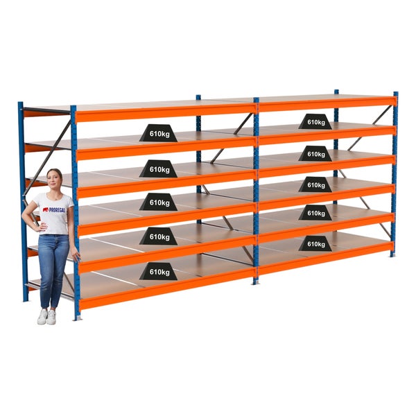 Lagerregal mit mehreren Ebenen und einer maximalen Traglast von 610 Kilogramm pro Ebene.