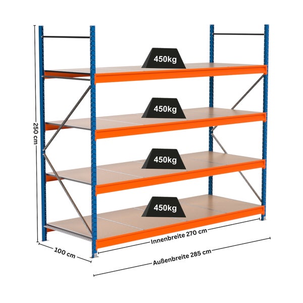 Lagerregal mit vier Ebenen und Gewichtsangaben