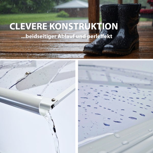 Terrassenüberdachung mit beidseitigem Wasserablauf und Perleffekt für Wasserabweisung bei Regen auf einer Holzterrasse.