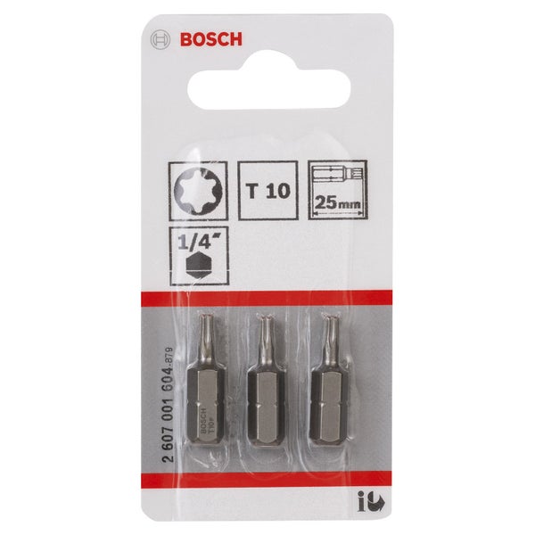 Bosch Logo. Packung mit drei T10-Torxschrauberbits mit einer Länge von 25 Millimetern und einer Größe von 1/4 Zoll.