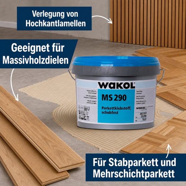 WAKOL MS 290 Parkettklebstoff Eimer fuer Massivholz- und Stabparkett mit Anwendungshinweisen zur Verlegung von Bodenbelaegen.