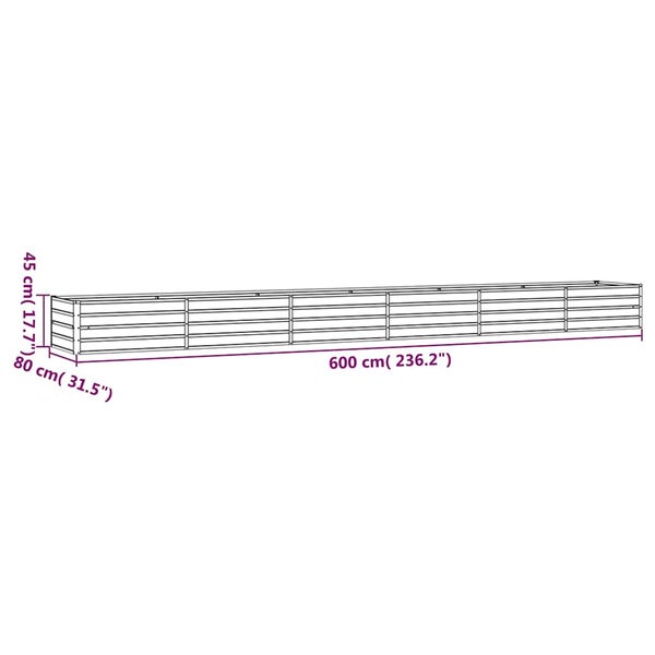Hochbeet mit Maßen 600 Zentimeter Länge, 80 Zentimeter Breite und 45 Zentimeter Höhe.