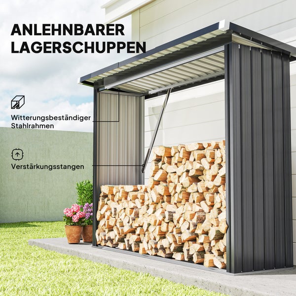 Anlehnbarer Lagerschuppen mit wetterbeständigem Stahlrahmen und Verstärkungsstangen