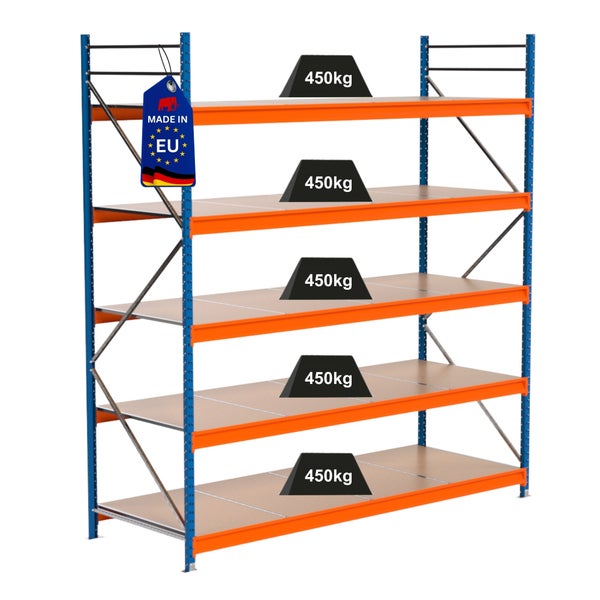 Lagerregal mit fünf Ebenen und einer Traglast von 450 Kilogramm pro Ebene, Made in EU Siegel