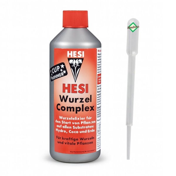 HESI Wurzel Complex Wurzelelexier für Pflanzen in grauer Flasche mit rotem Deckel und Kunststoffpipette zur Förderung der Wurzelbildung.