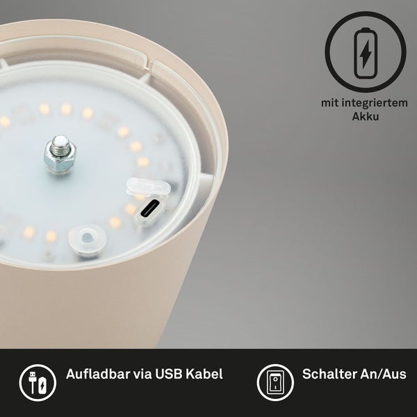 LED-Leuchte mit integriertem Akku, aufladbar via USB-Kabel und Ein-Aus-Schalter.