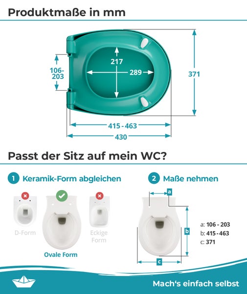 Maßzeichnung für einen ovalen WC Sitz mit Montageanleitung und Erläuterung zur Prüfung der Kompatibilität mit der WC Keramik.