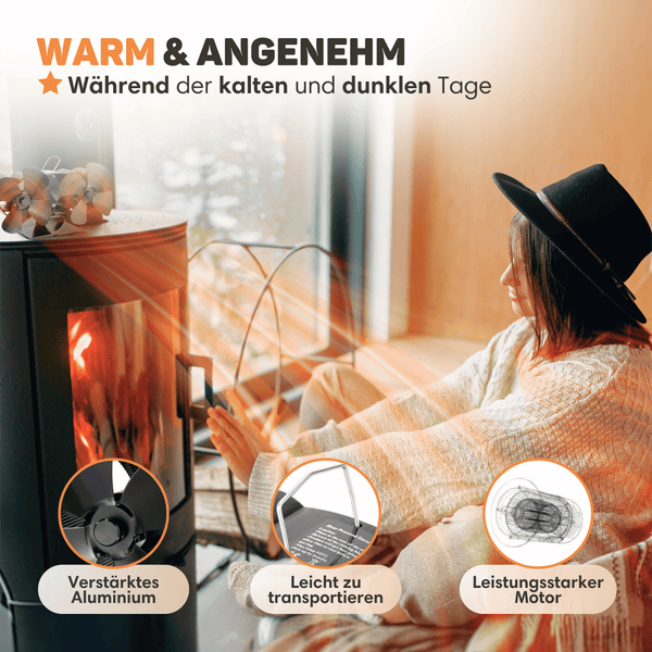 Vulpes Goods Kaminventilator - Für den Holzofen - Doppelter Wärmeventilator - Stromunabhängig - 8 Blätter - 2 Ventilatoren