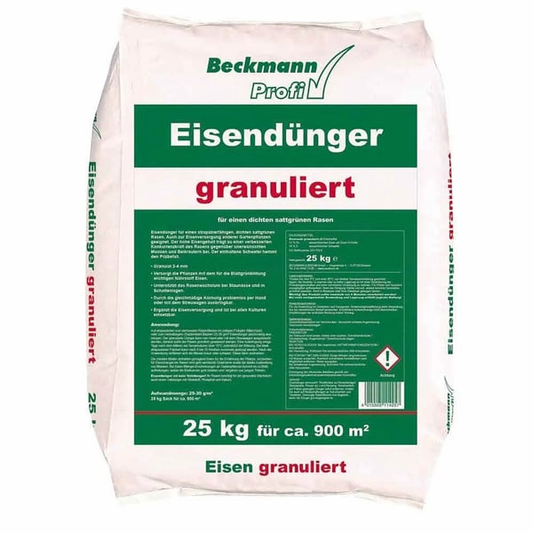 Beckmann Profi Eisendünger granuliert 25 kg Sack für 900 Quadratmeter Rasenpflege zur Stärkung gegen Moos und Unkraut.
