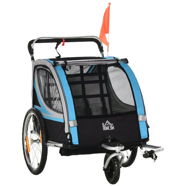 HOMCOM 2 in 1 Kinderanhänger klappbar Fahrradanhänger mit abnehmbarem Vorderrad, Hinterradbremsen, Kinderfahrradanhänger für 2 Kinder ab 18 Monate, bis 26,4 kg belastbar, Blau
