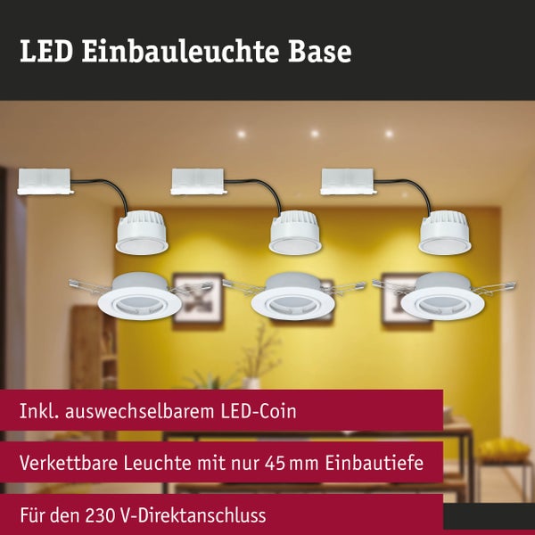 Drei verkettbare LED Einbauleuchten Base mit auswechselbarem LED-Coin, Anschlussbox, 45 Millimeter Einbautiefe, für 230 Volt Direktanschluss.