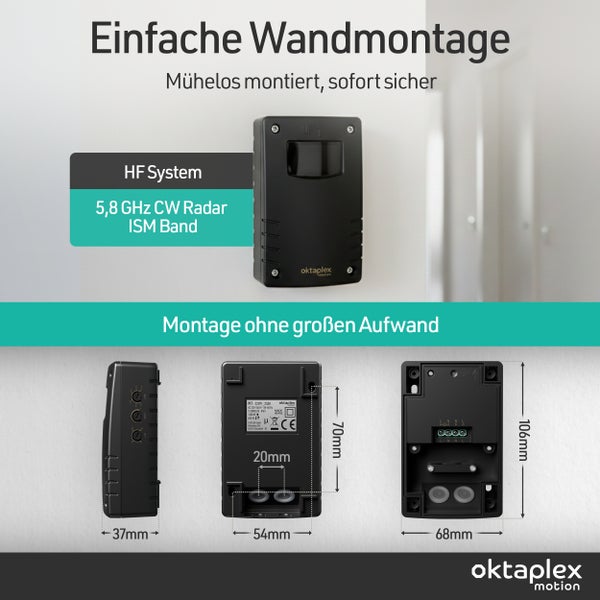 Oktaplex Bewegungsmelder mit HF System und Maßangaben für die Wandmontage