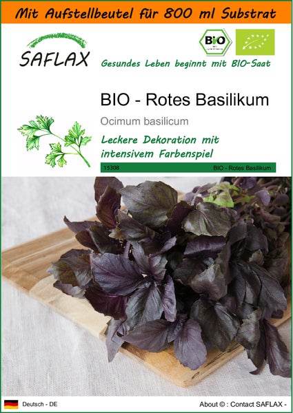 SAFLAX Garden in the bag - BIO - Rotes Basilikum - Ocimum basilicum - 400 Samen - Mit Anzuchtsubstrat im praktischen, selbst aufstellenden Beutel