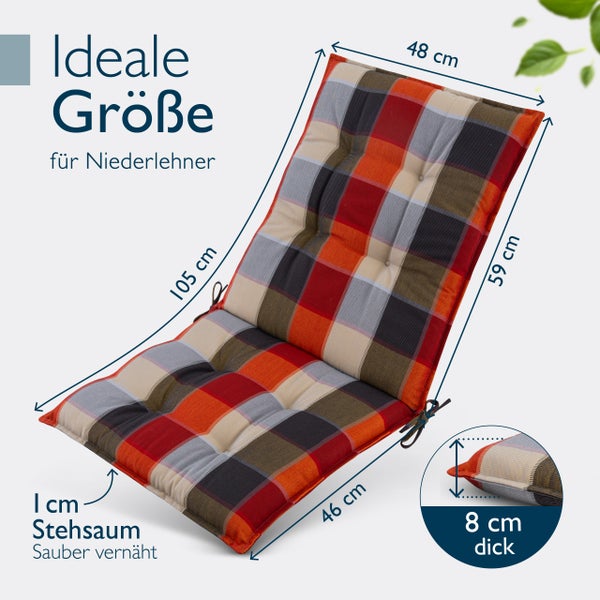 Auflage für Gartenstuhl mit niedriger Rückenlehne, kariert, mit den Maßen 48 x 105 x 59 x 46 Zentimeter und einer Dicke von 8 Zentimetern