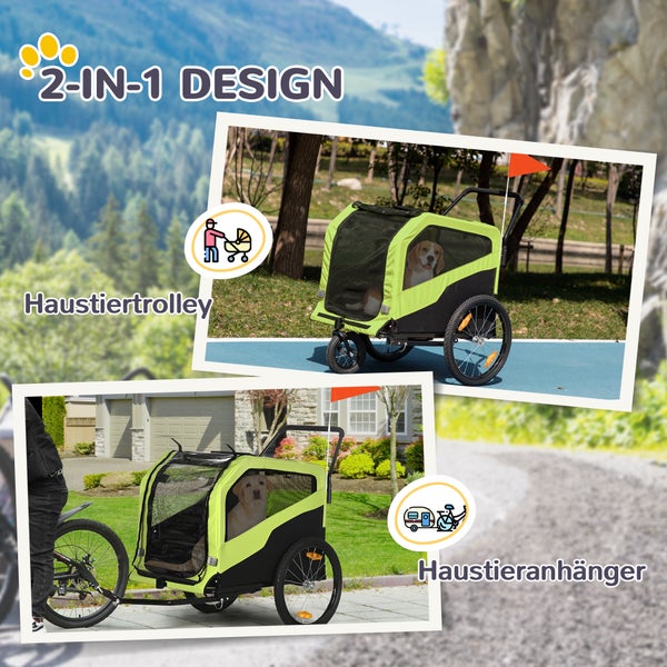PawHut 2-in-1 Hundeanhänger, Fahrradanhänger für Hunde, Hundewagen mit Reflektoren, Hundebuggy max. 30 kg, Hundefahrradanhänger für Große Hunde, Oxford-Gewebe, Grün