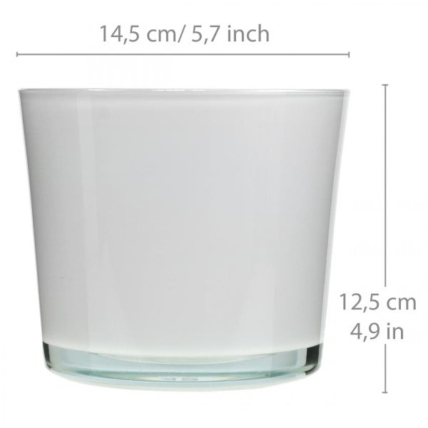 Weißer Glas-Blumentopf mit Maßangaben: Durchmesser 14,5 Zentimeter und Höhe 12,5 Zentimeter.