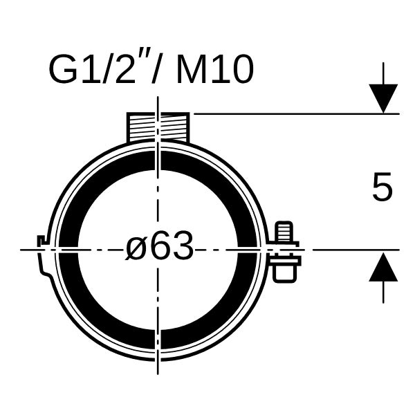 Maßzeichnung einer Rohrschelle mit G 1/2 Zoll und M10 Gewinde sowie einem Durchmesser von 63 Millimetern.