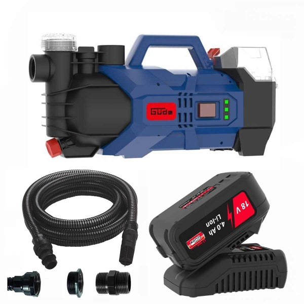 Güde Akku-Gartenpumpe Set mit 18 Volt 4,0 Amperestunden Lithium-Ionen Akku, Ladegerät, Ansaugschlauch und Anschlüssen.