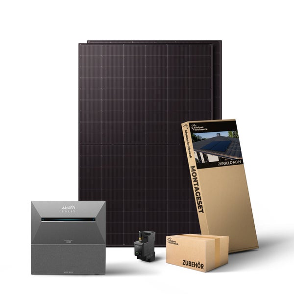 Balkonkraftwerk-Set mit zwei Solarpanels, Anker Solix Speicher, Smart Meter, Montageset für Ziegeldächer und Zubehör.