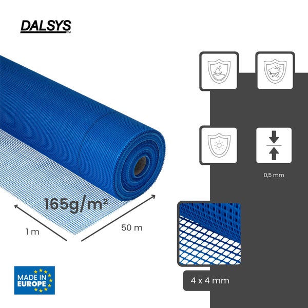 Dalsys Armierungsgewebe blau, 165 Gramm pro Quadratmeter, 1 Meter mal 50 Meter, Maschenweite 4 mal 4 Millimeter, witterungsbeständig.