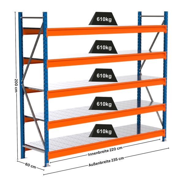 Regal mit fünf Ebenen und Gewichtsangabe